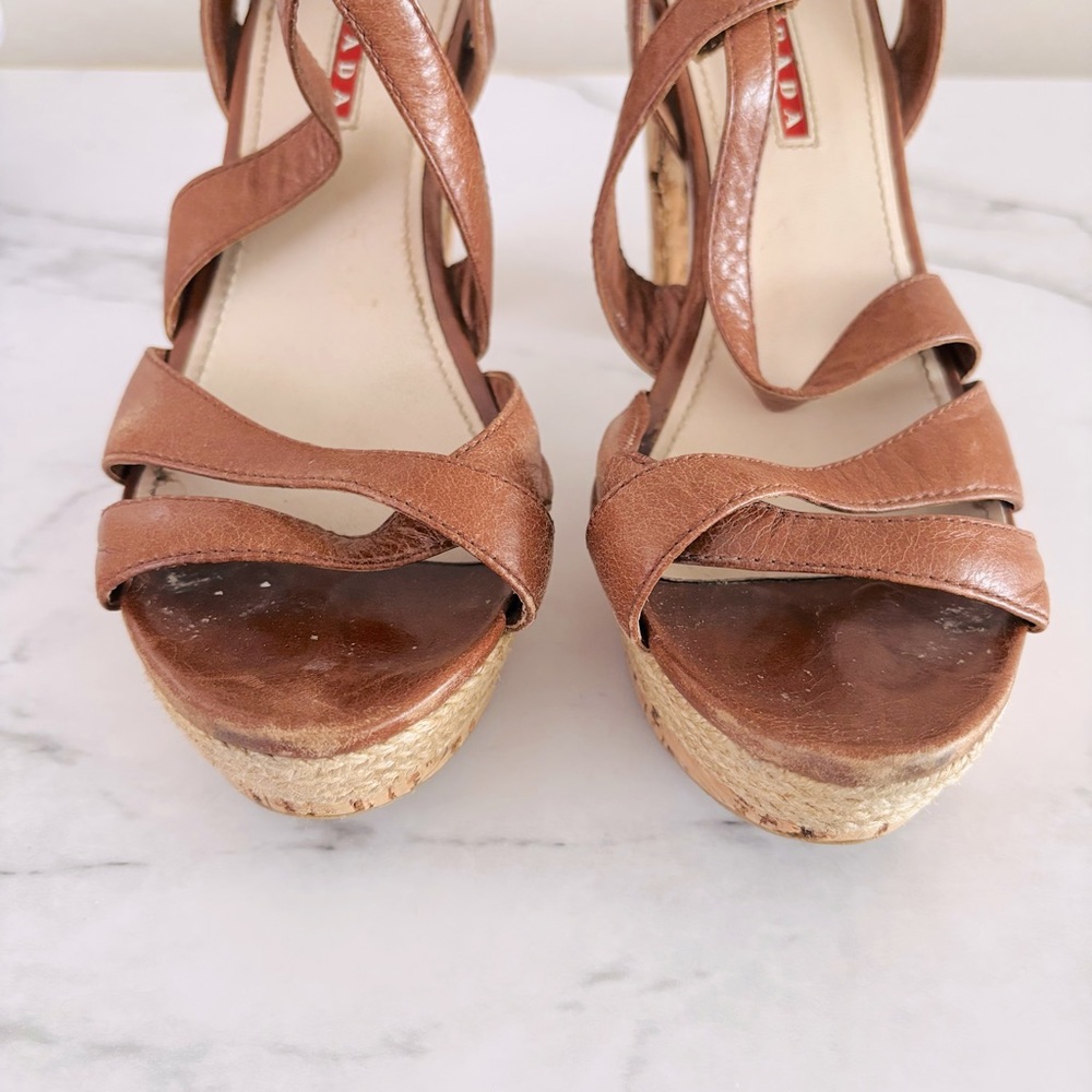 Prada Authentic Women’s Brown Strappy Sandals Cork Style Heel Size IT 38 or US 8 - Picture 4 of 10
